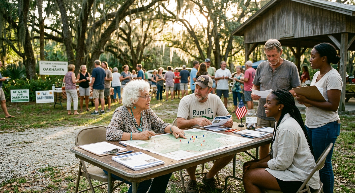 Neighbors gathered around a table under oak trees