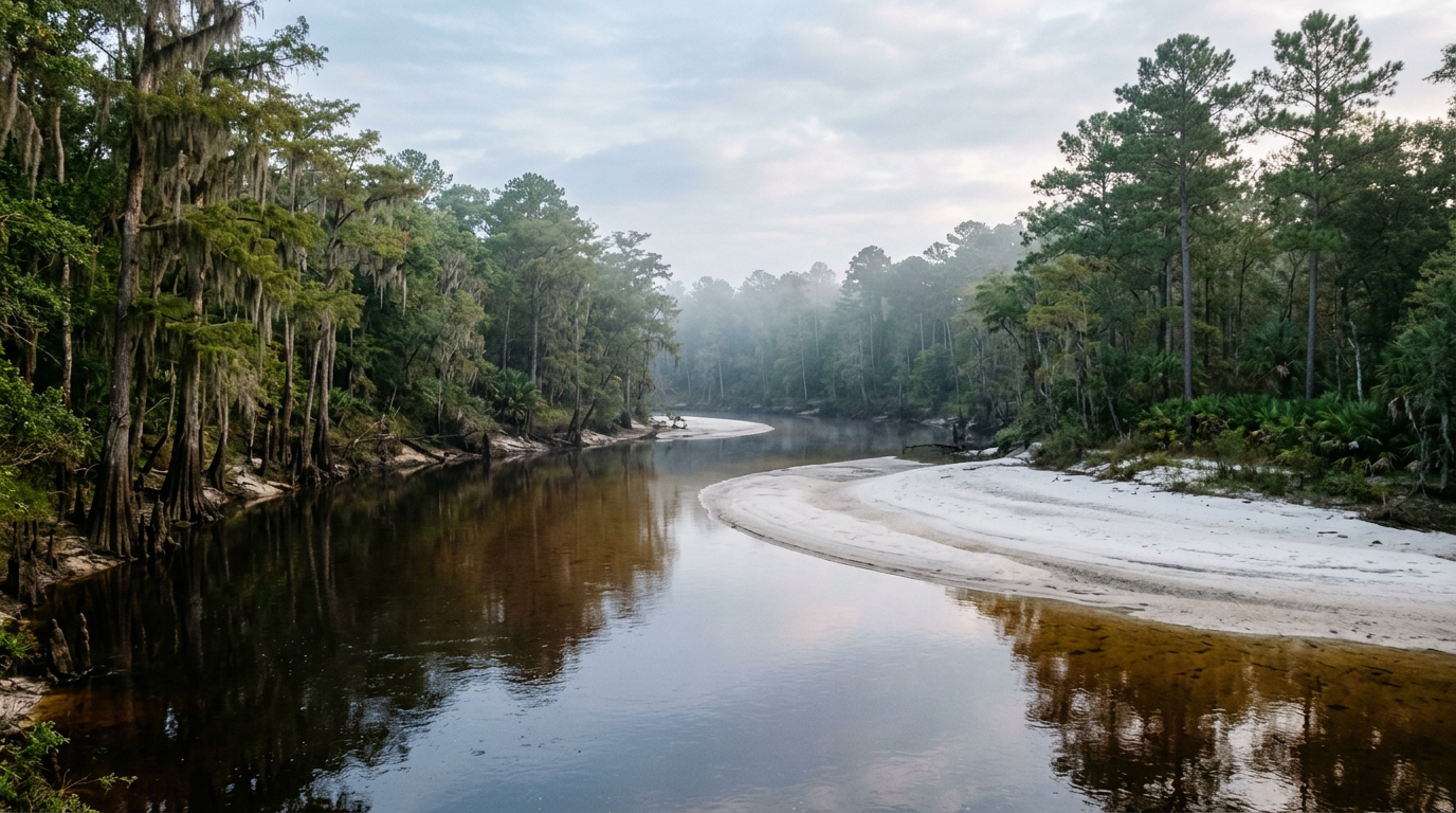 A tea-colored blackwater river curving past white sandbars and pine forest at dawn