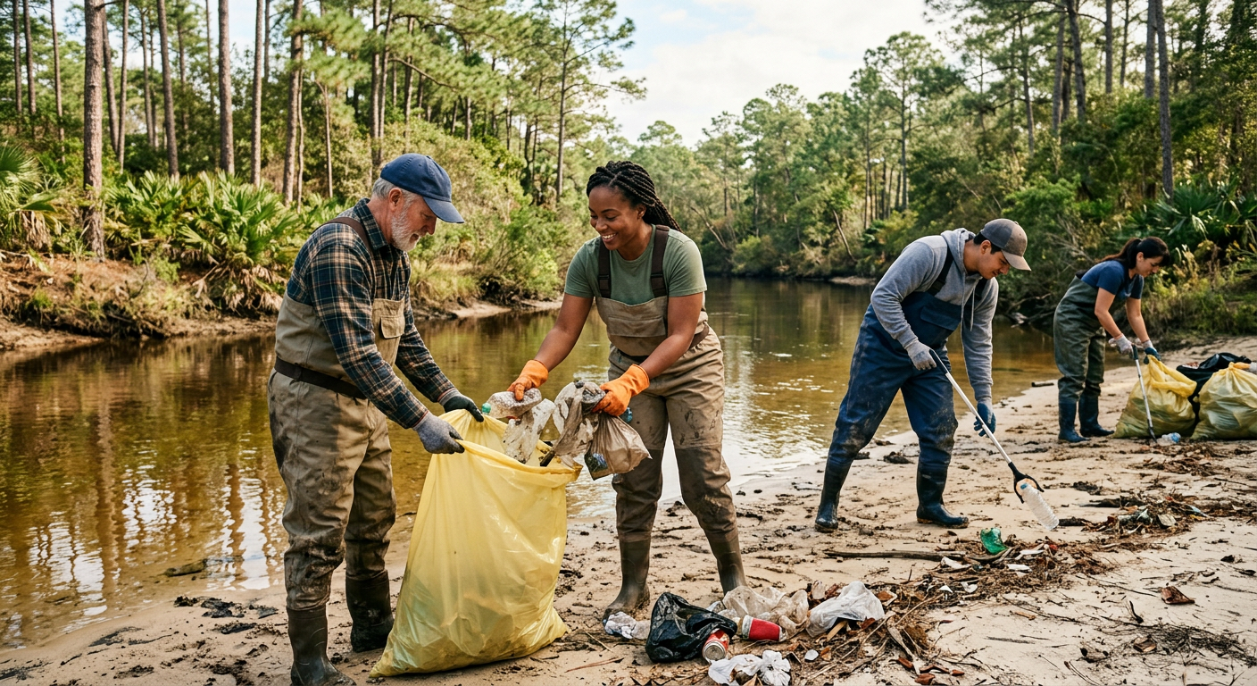 Volunteers in waders collecting litter along a sandy creek bank